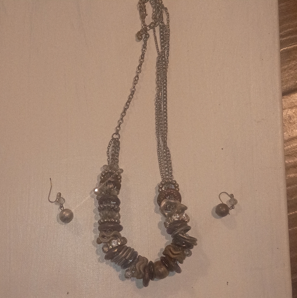 Elegant Silver and Brown Necklace and Earring Set